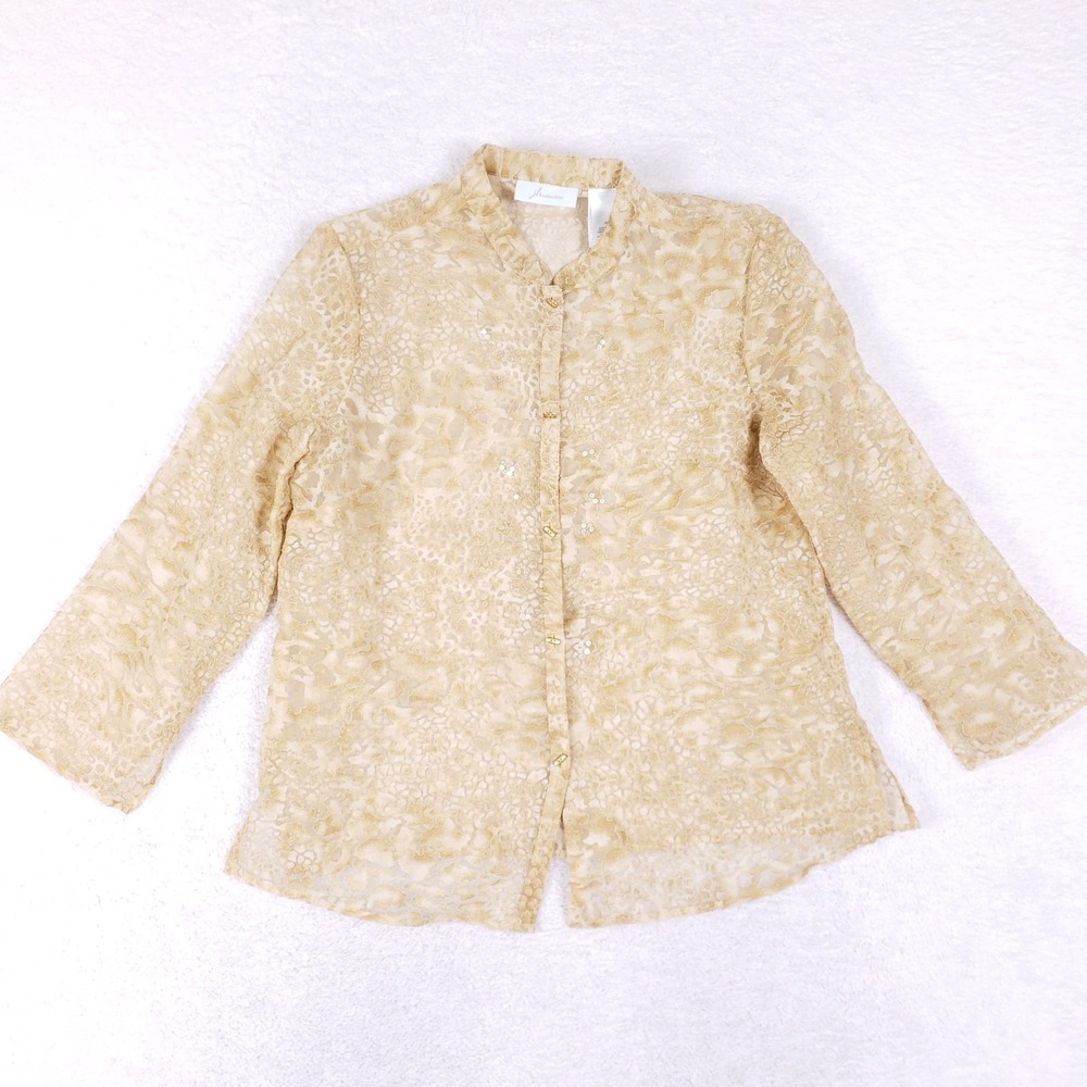 JH‎ Collectibles Sheer Sequin Leopard Blouse M Gold